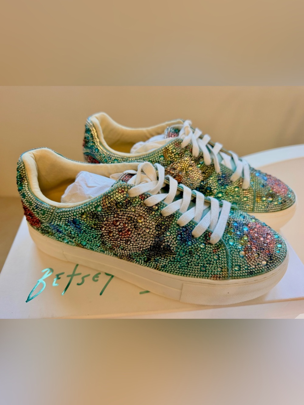 Betsy Johnson Sidny Green Multi Rhinestone Sneakers, size 8.5.